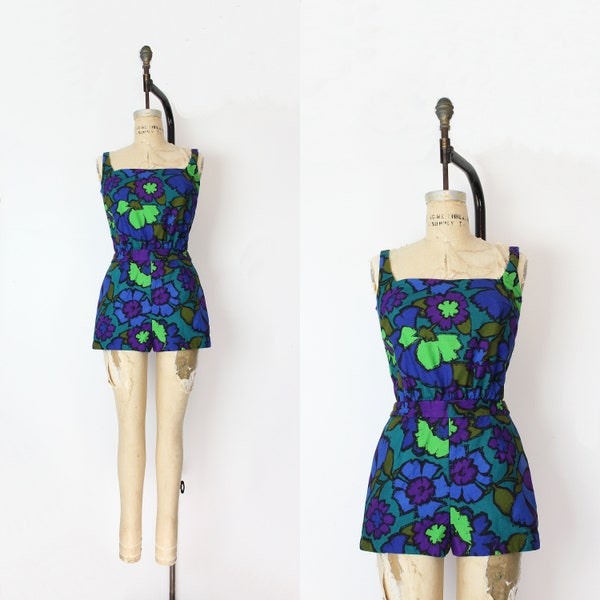 vintage 50s playsuit / 1950s floral romper / 1950s swimsuit / dark floral swimsuit / green purple romper / 1950s swimwear