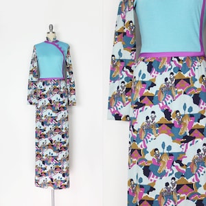 vintage 70s print dress / 1970s novelty print dress / lady print dress / figural print dress / 1970s maxi dress / blue purple dress