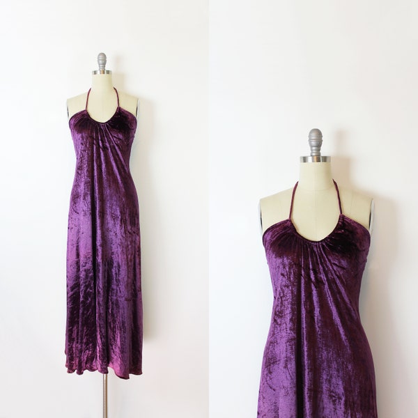 vintage 70s dress / 1970s JOHN KLOSS for Cira dress / purple velvet dress / panne crushed velvet dress / velvet halter dress