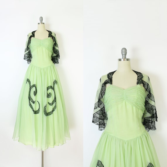 vintage 40s dress set / 1940s green dress shawl /