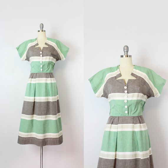 vintage 40s dress / 1940s striped cotton dress / g