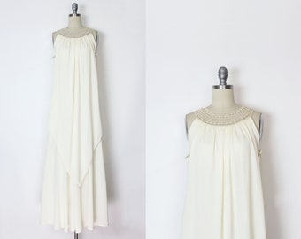 vintage 70s goddess dress / 1970s grecian draped dress / cream jersey knit dress / 1970s wedding dress / overlay caped maxi dress