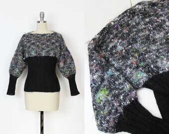 vintage avant garde sweater / 1980s fiber art sweater / wearable art sweater / mutton sleeve sweater / big sleeve knit / metallic sweater