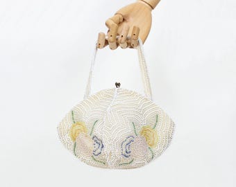 1940年代のビーズ刺繍入り花柄ハンドバッグ、バークス製、フランス製