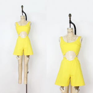 vintage 60s cut out romper / 1960s open waist romper / mod romper / yellow white romper / 1960s summer / go go romper / 1960s playsuit