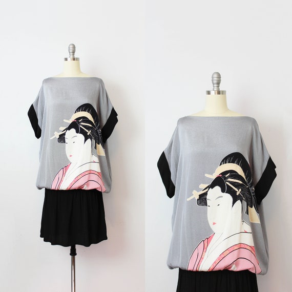 vintage 80s dress / 1980s geisha print dress / ava