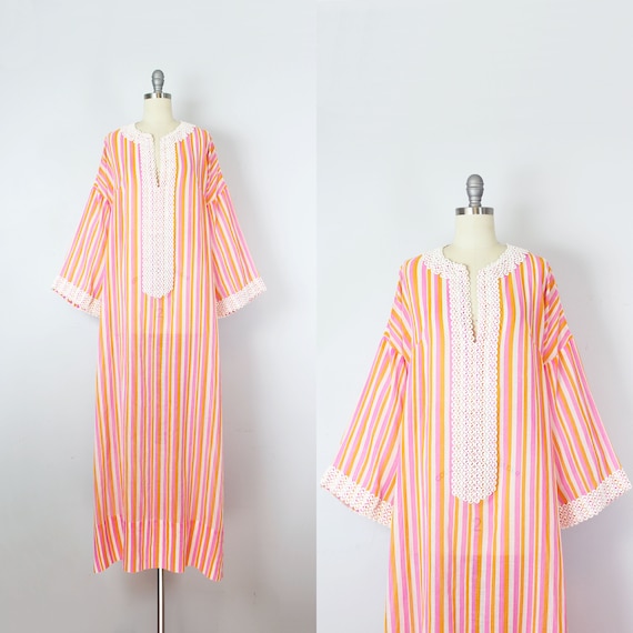 vintage 70s caftan / 1970s striped cotton caftan d