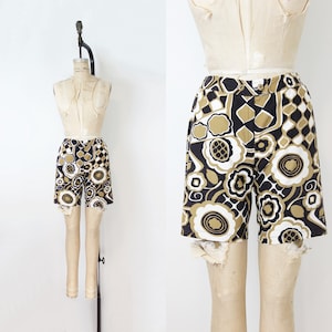 vintage 60s mod shorts / 1960s LANZ shorts / bermuda shorts / mod print shorts / black brown white shorts / cotton shorts / tiki shorts