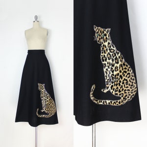 vintage 60s leopard skirt / 1960s leopard faux fur skirt / novelty maxi skirt / rhinestone leopard skirt / animal applique skirt