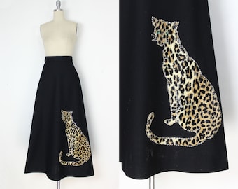 vintage 60s leopard skirt / 1960s leopard faux fur skirt / novelty maxi skirt / rhinestone leopard skirt / animal applique skirt