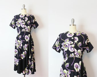 vintage 40s dress / 1940s floral rayon dress / dark floral day dress / bias cut floral rayon dress / purple navy floral dress