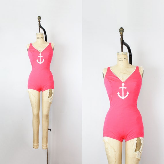 vintage 70s swimsuit / 1970s novelty anchor swimsu