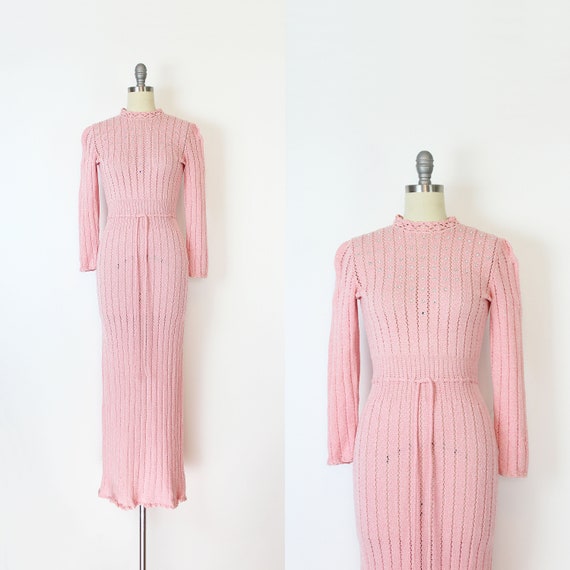 vintage 70s knit dress / 1970s pink knit maxi dres
