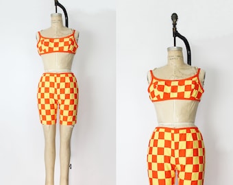 vintage 60s swimsuit / 1960s playsuit set / mod swimwear / two piece swim set / checkered top shorts / 1960s beach pool wear
