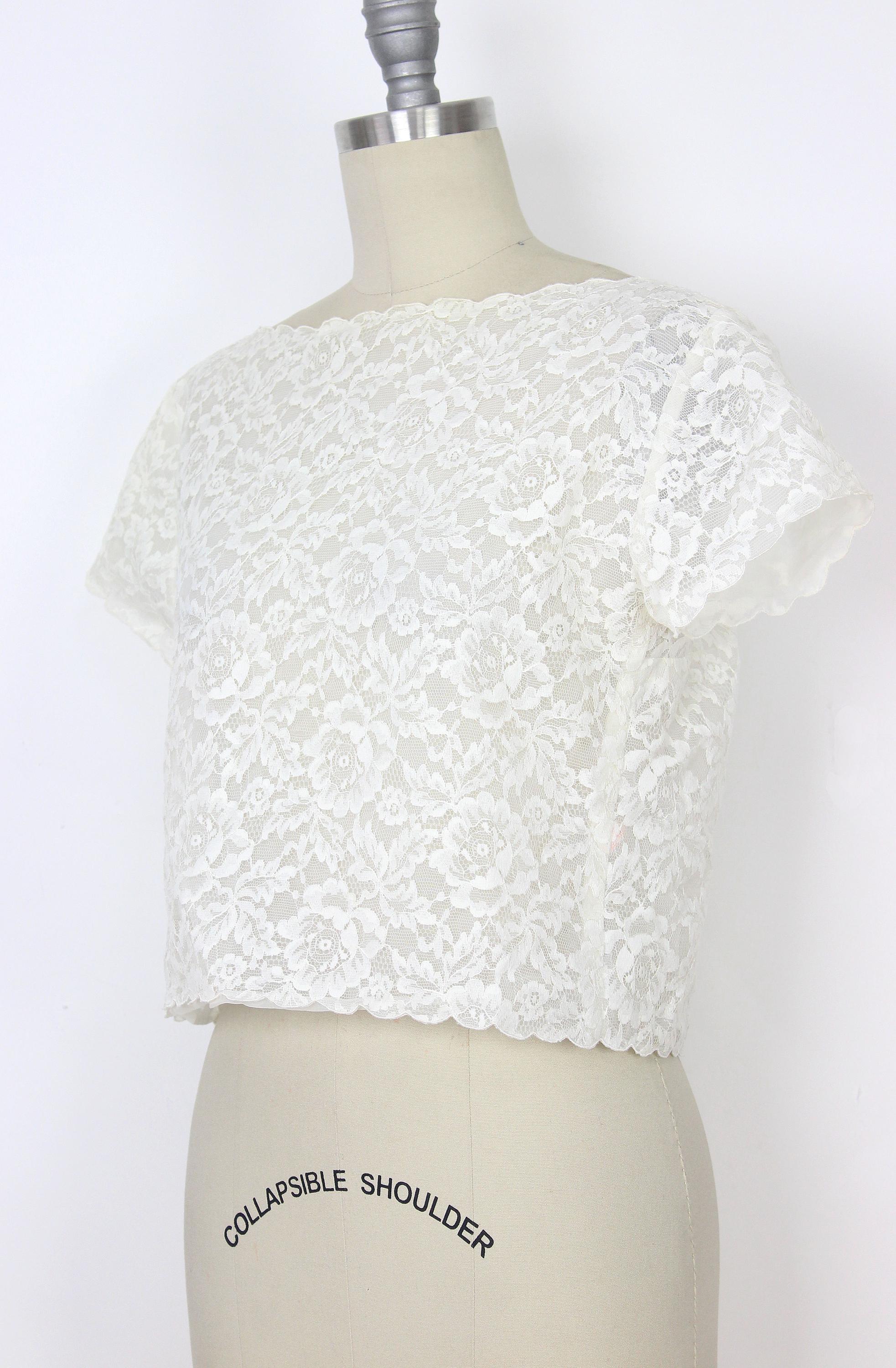 Vintage 50s Lace Blouse / 1950s White Lace Top / Sheer Lace
