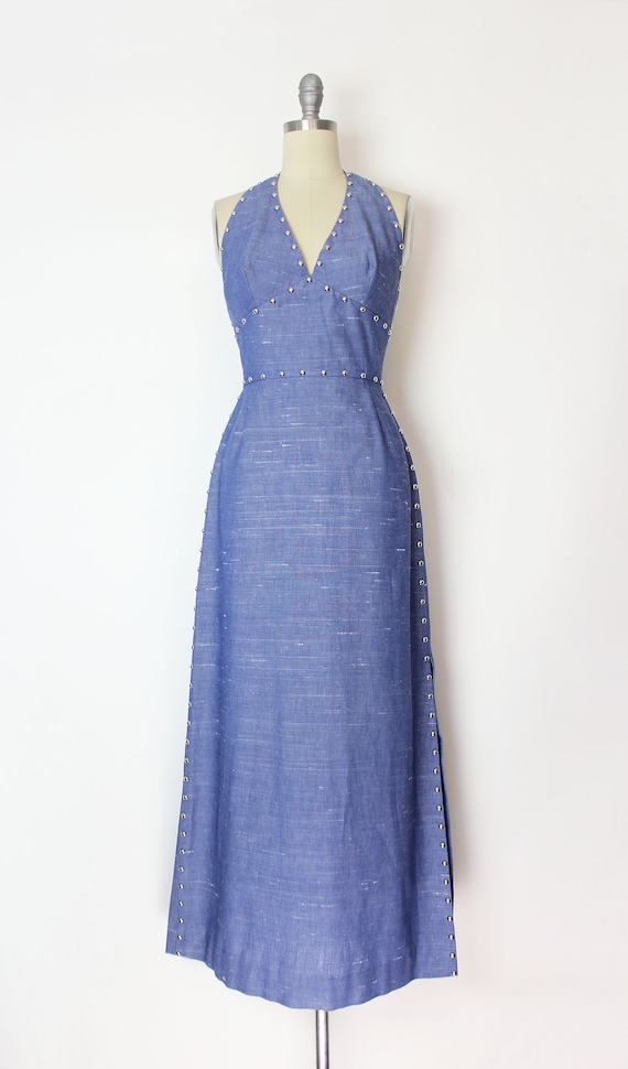 vintage 70s chambray dress / 1970s studded maxi d… - image 2