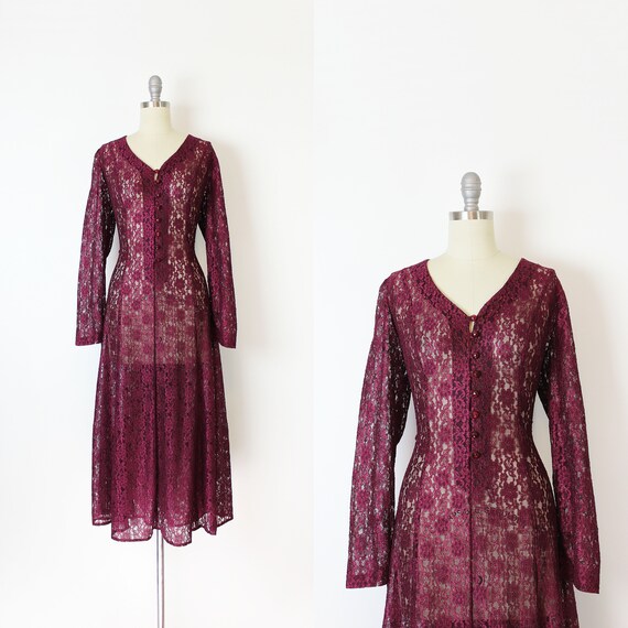 vintage 90s dress / 1990s sheer lace dress / dark