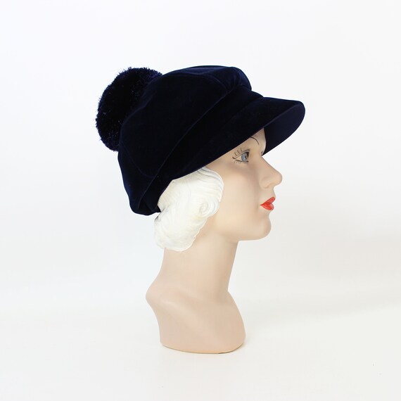 vintage 60s hat / 1960s velvet pom pom hat / navy