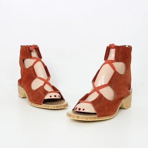 vintage 60s gladiator shoes / 1960s gladiator booties / gladiator sandals / open toe booties / lace up suede shoes / open heel shoes