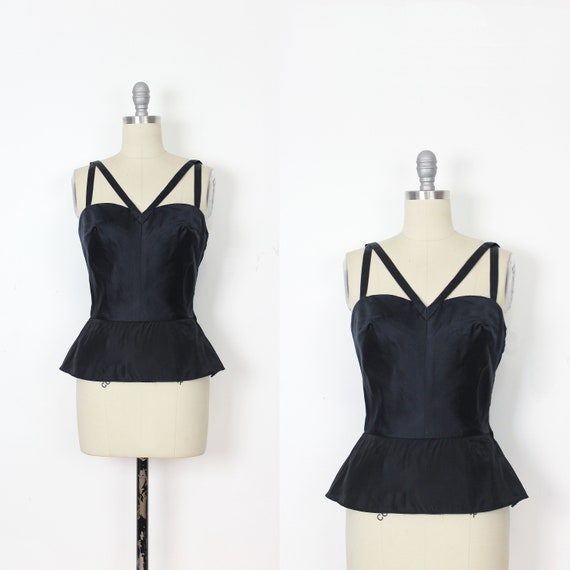 vintage 50s peplum top / 1950s black top / black … - image 1