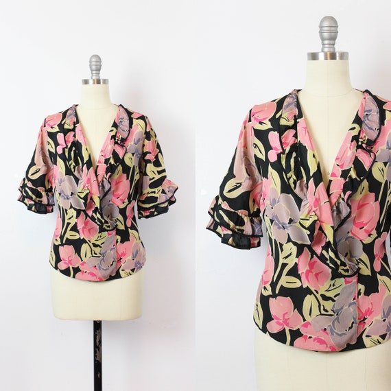 vintage 30s top / 1930s floral silk blouse / 1930s