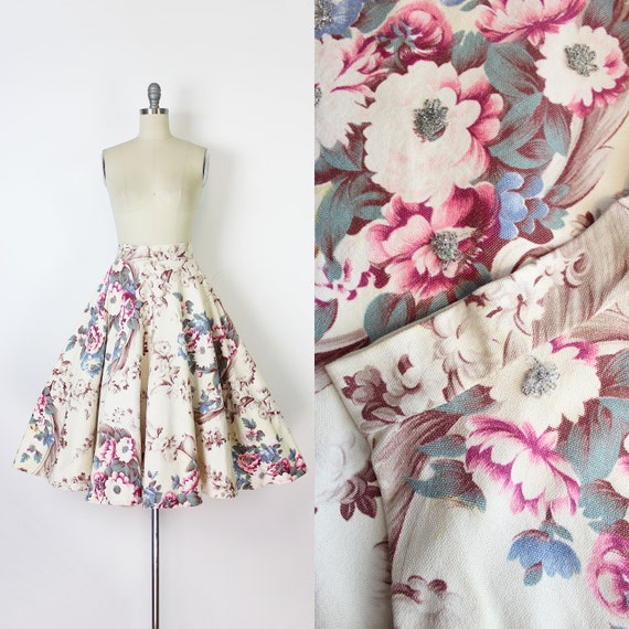 vintage 50s skirt / 1950s beaded floral skirt / fl