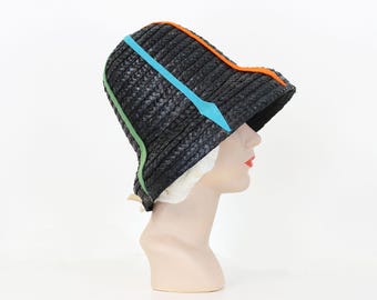 vintage 60s straw sun hat / 1960s striped straw hat / rainbow stripe sun hat / black straw hat / deadstock 60s hat / vintage beach pool hat