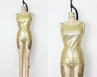 vintage 50s gold swimsuit / 1950s ROSE MARIE REID bathing suit / gold lurex swimsuit / metallic swimsuit / gold maillot