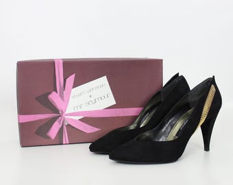 Décolleté vintage nere e oro / Stuart Weitzman anni '80 / Décolleté in camoscio nero / Décolleté in metallo dorato / Décolleté da sera anni '80 / Décolleté da festa / Tacco 5.5