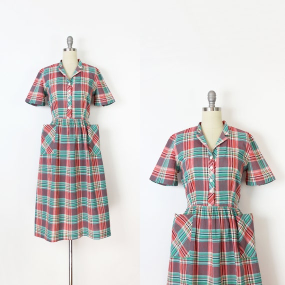 vintage 40s dress / 1940s plaid cotton dress / 194