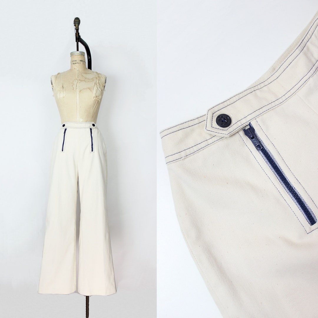 1970s Sailor Jeans / 1970s Wide Leg Jeans / Cream Navy Jeans / Etsy