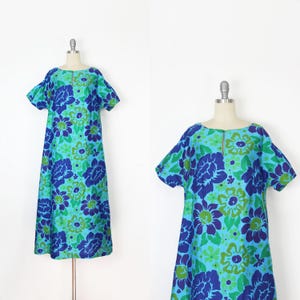vintage 60s silk caftan / 1960s floral silk dress / summer silk dress / blue green floral dress / beach resort dress / beach pool dress