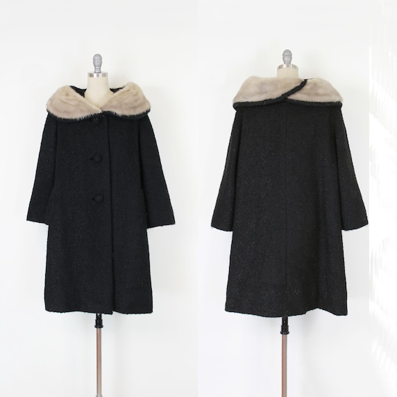 vintage 50s wool fur coat / 1950s boucle wool coat / 1950s mink fur collar coat / black wool coat / mid century coat / fur collar coat