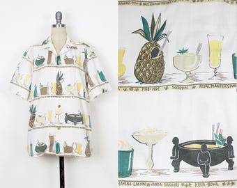 vintage 50s Hawaiian shirt / 1950s KAHALA tiki drink shirt / cocktail print shirt / Hawaiian novelty shirt / rare 50s shirt / vintage Hawaii