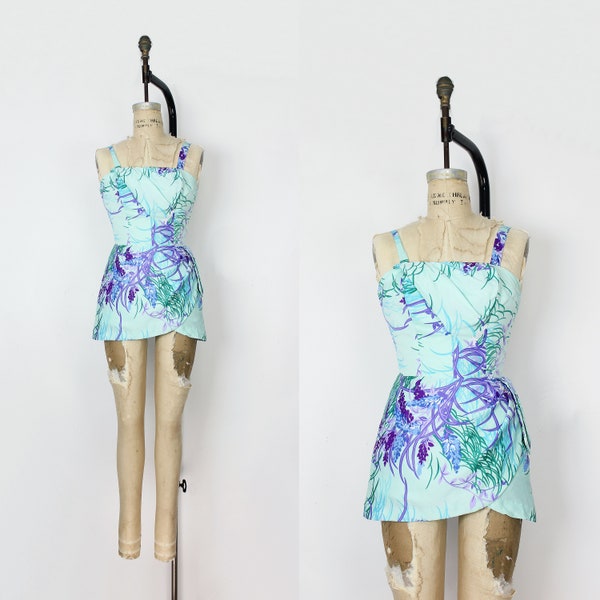 vintage 60s swimsuit / 1960s floral romper / mod floral romper / floral playsuit / blue yellow swimsuit / sarong swimsuit / skirted romper