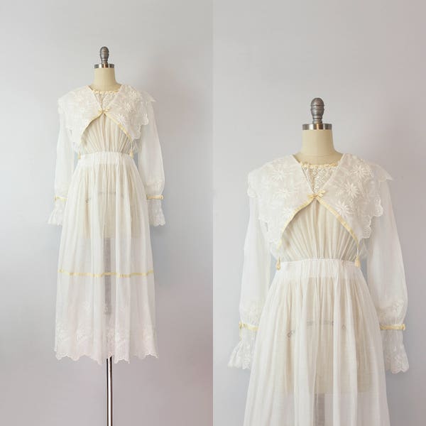 antique white cotton dress / 1910s lawn dress / Edwardian wedding dress / antique tambour lace tea dress / Cliff Walk dress