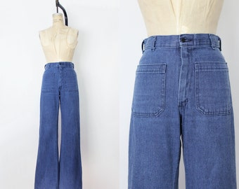 vintage sailor jeans / 1980s sailor jeans / vintage navy jeans / wide leg jeans / flaired sailor jeans / front pocket jeans / Navdungaree