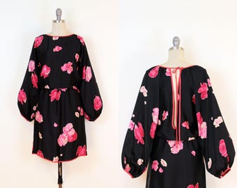 ヴィンテージ 70年代 GEOFFREY BEENE ドレス / 1970年代 シルクドレス / 花柄シルクドレス / バルーンスリーブドレス / キーホールドレス / デザイナー 70年代ドレス