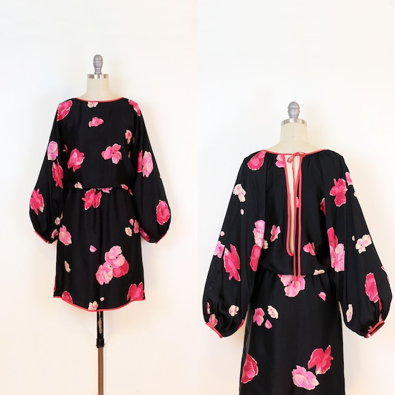 vintage 70s GEOFFREY BEENE dress /  1970s silk dress / floral silk dress / balloon sleeve dress / keyhole dress / designer 70s dress
