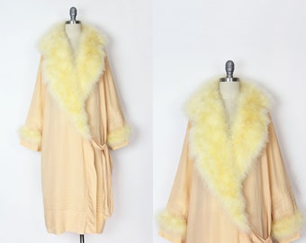 1920s feather robe / antique 1920s silk feather robe / 1920s lingerie / 1920s dressing gown / pink silk robe / marabou feather robe duster