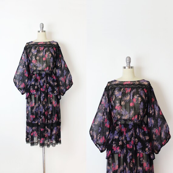 vintage 70s floral chiffon blouse skirt set / 1970