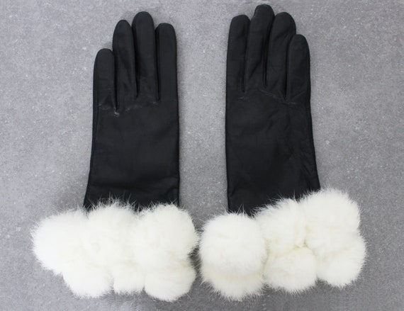 vintage leather fur gloves / fur pom pom gloves /… - image 2