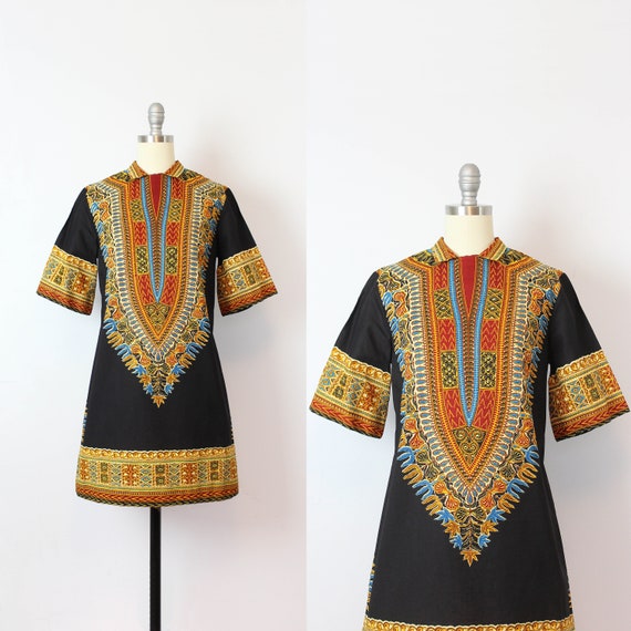 vintage 70s dress / 1970s dashiki print dress / Af