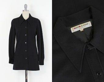 vintage 70s Yves Saint Laurent shirt jacket / black shirt shirt / black knit tunic / designer 70s fall winter / 70s YSL top / minimalist top