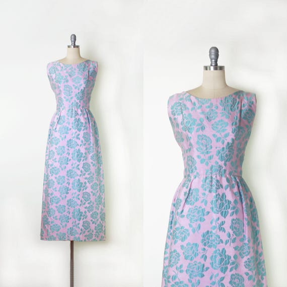 vintage 60s floral silk dress / 1960s couture dress / Bergdorf Goodman dress / silk dupioni dress / pastel floral dress / formal silk dress