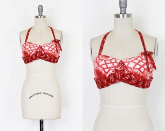 vintage 50s halter top / 1950s swim top / 1950s bikini top / tiki halter top / mid century halter top / red cotton halter / summer top
