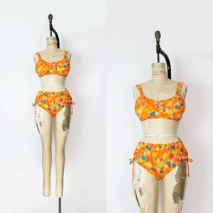 vintage 60s bikini / 1960s mod floral bikini / floral cotton swimsuit / cotton bikini / 1960s swimwear / High Tide swim