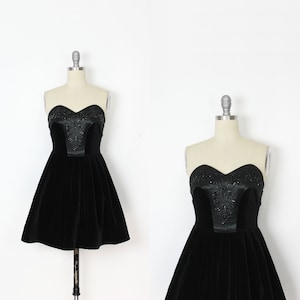vintage LAURA ASHLEY dress / beaded velvet dress / black velvet mini dress / strapless velvet dress / 1980s beaded dress