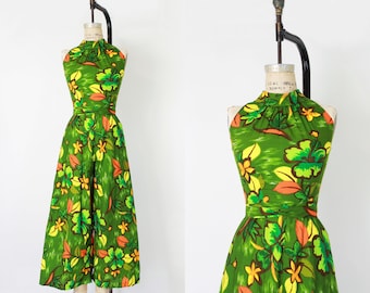 vintage Hawaiiaanse jumpsuit jaren 70 / jumpsuit jaren 70 wijde pijpen / tiki-jumpsuit / jumpsuit met groene bloemen / tropische jumpsuit / halter-jumpsuit