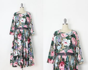 vintage 80s floral dress / 1980s floral cotton jersey dress / floral sweatshirt dress / wallpaper floral dress / big bloom floral dress